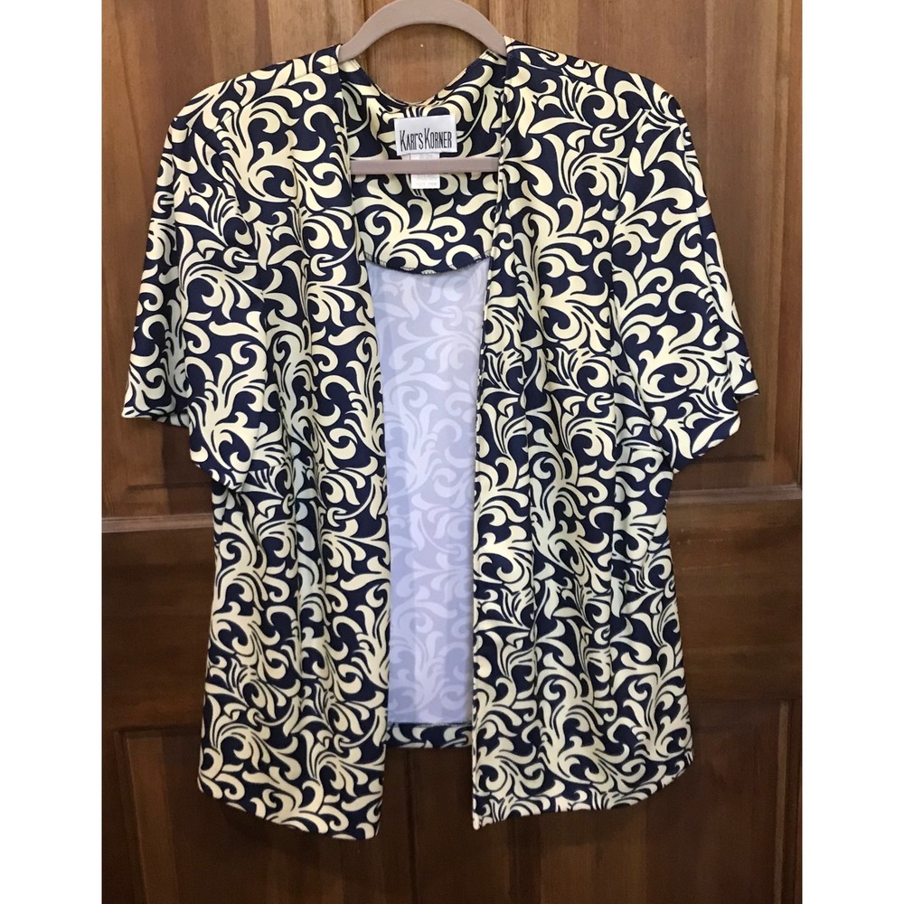 Kari's Korner Navy & Cream Scroll Print Open Front Cardigan Jacket Size 20W